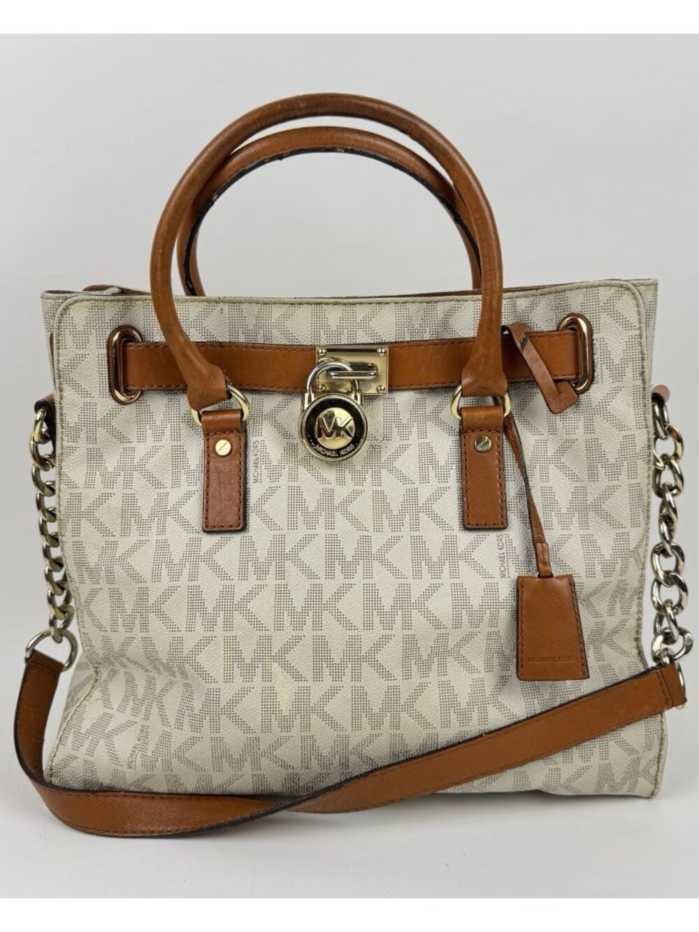 Michael Kors Hamilton Leather & Monogram Canvas Satchel Tote Shoulder Bag Large